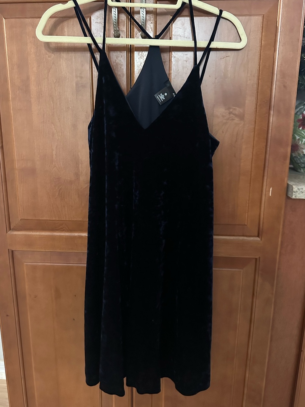 Aqua Navy Velvet V-Neck Slip Dress with Double Spaghetti Straps